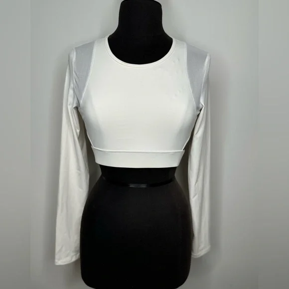 ROBERTO CAVALLI White Long Sleeve Sports Bra Mesh Cut Outs Criss Cross Stretch